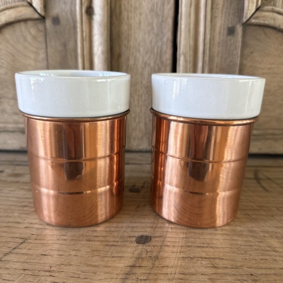 Vintage Set of 2 Copper & Porcelain Coffee Mugs Brass Handles Korea - Picture 3 of 11